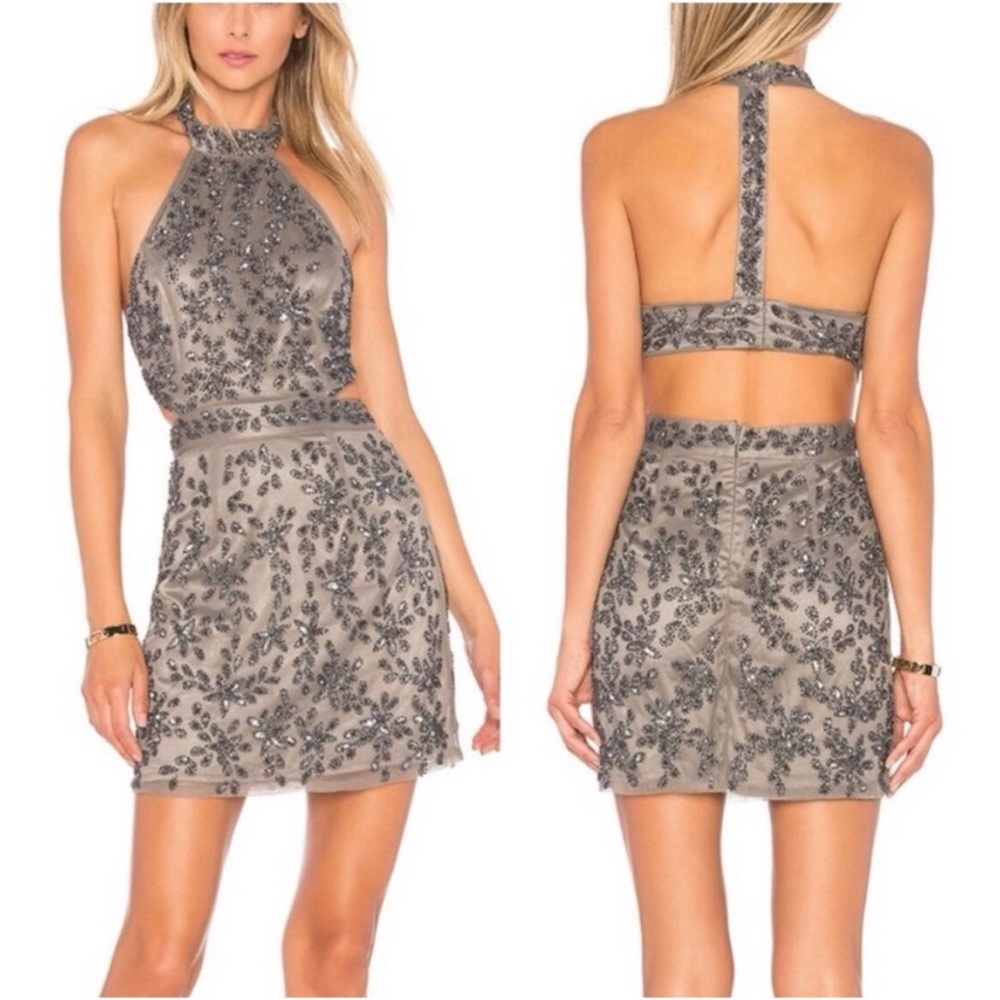 NBD Gray‎ silver Embellished  and beaded Halter Dress size medium